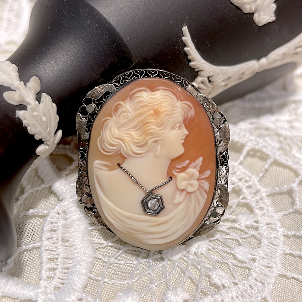 Antique 14K Gold Cameo Habille Diamond Brooch Pendant (c1800s?)